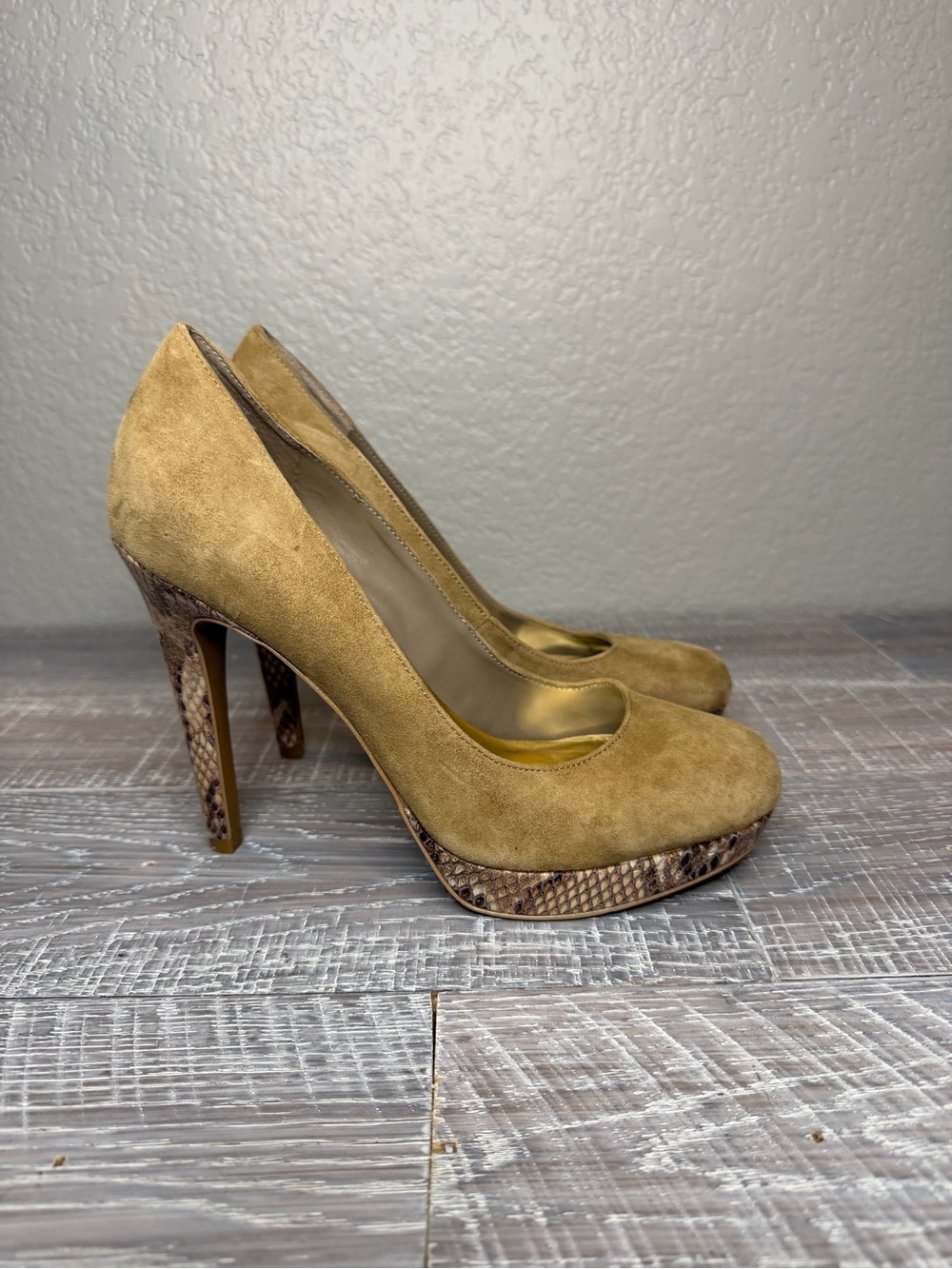 Via Neroli Tan Suede Platform Pumps with Snakeskin Trim